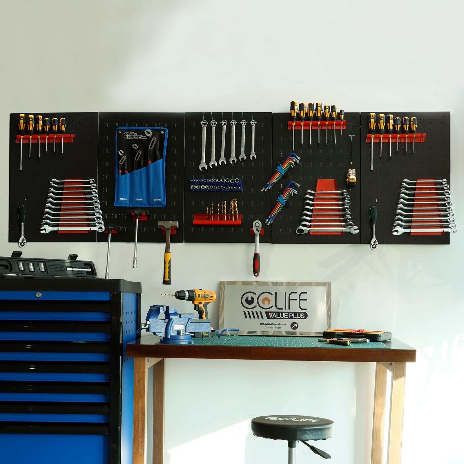 CCLIFE Pannello Porta Attrezzi Da Parete Con 43 Supporti Officina Forato Portautensili Stoccaggio 200 x 60 x 2 cm 5 Pezzi Espandibile Mensola da Parete Porta Attrezzi Nero