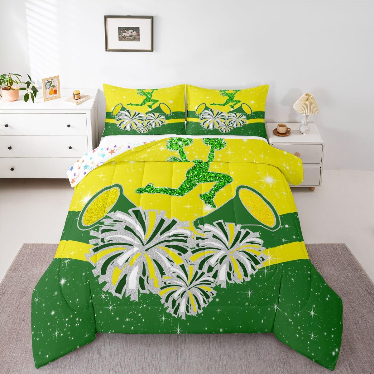 Castle Fairy Cheerleader Kids Comforter Set Toddler Size,Cheerleading Glitter Yellow Green Reversible Quilt Set for Boys Bedroom Decor,Girly Cheerleading Dance Duvet Insert,1 Pillowcase