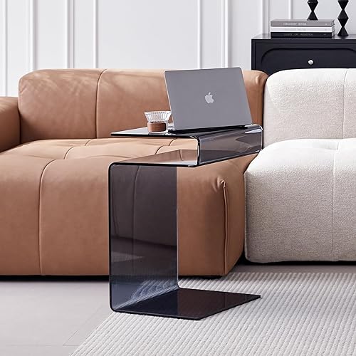 Miniatura 7 de Mesita de noche de cristal, mesa auxiliar, mesa auxiliar en forma de S para sala de estar, mesita de noche para dormitorio (transparente)