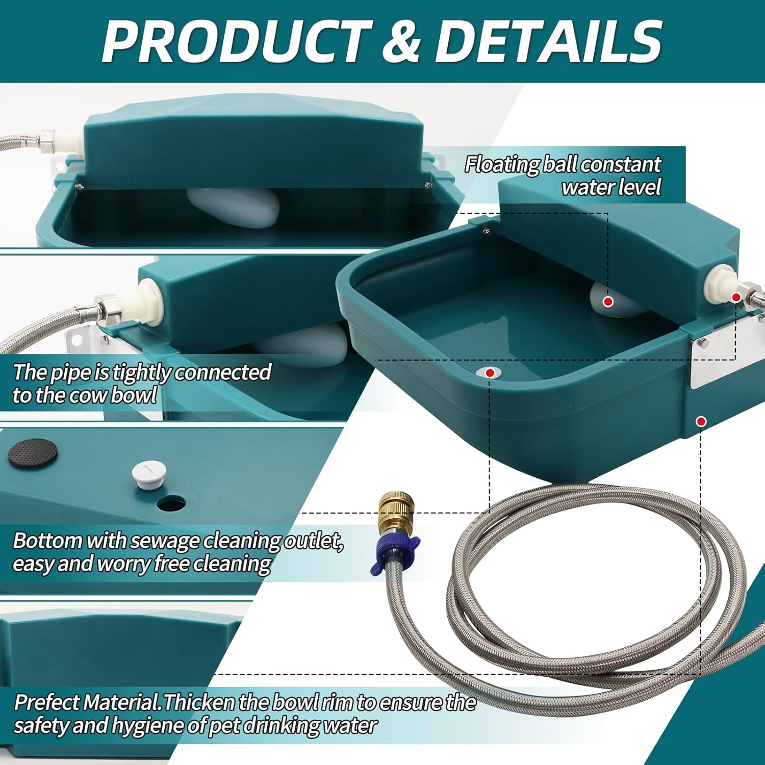 8L Large Automatic Animal Drinking Water Bowl, Livestock Water Trough Dispenser with Water Pipe & Float Valve & Drain Hole for Cattle Horse Sheep Dog Indoor/Outdoor Easy to Clean