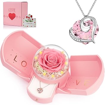 Preserved Real Pink Rose with Necklace -Birthday Gifts for Women Mom Her Wife Girlfriend Grandma on Valentines Mothers Day Sweetest Day Christmas Anniversary Romantic-Pink