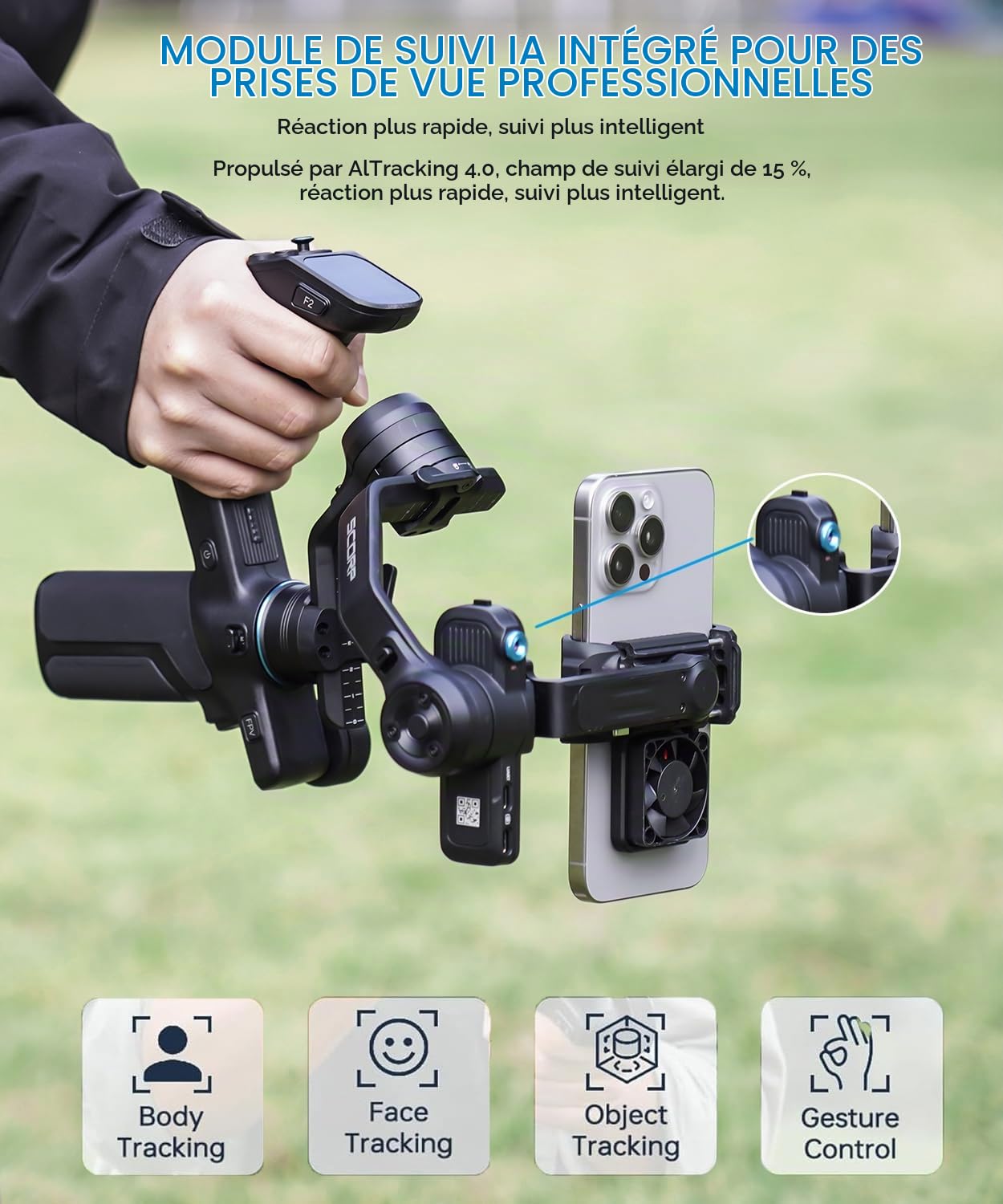 FeiyuTech Scorp Mini 3 Stabilisateur de Cardan pour iPhone, Stabilisateur 3 Axes pour Smartphone avec Suivi IA Intégré, Ventilateur et Poignée Intégrée, Écran Tactile, Supporte Jusqu'à 2 kg (4,41 LB)
