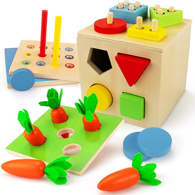 beetoy Montessori Wooden Toys 5in1 for 15 Year Old Boys Girls, Educational Sorting Matching