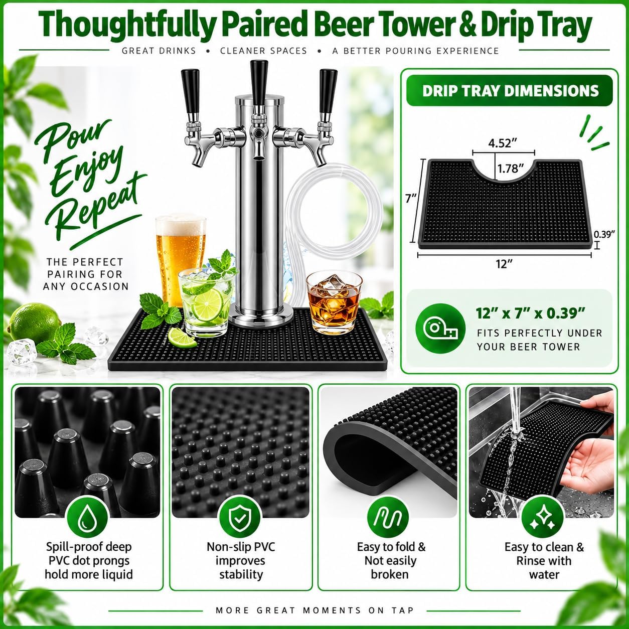 Triple Tap Kegerator Tower, Beer Tap Tower with PVC Beer Drip Tray Mat