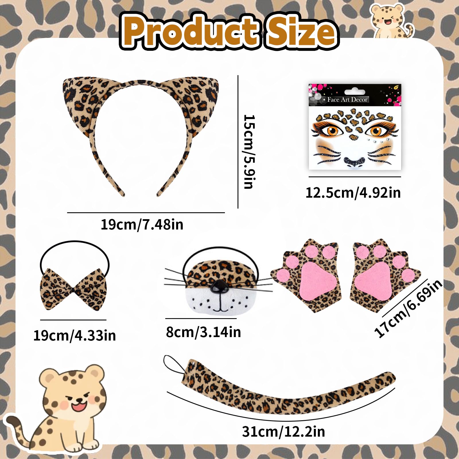 7 Pcs Leopard Costume Set, Animal Costume with Leopard Face Sticker Headband Bow Tie Nose Tutu Skirt Gloves Tail - Image 2