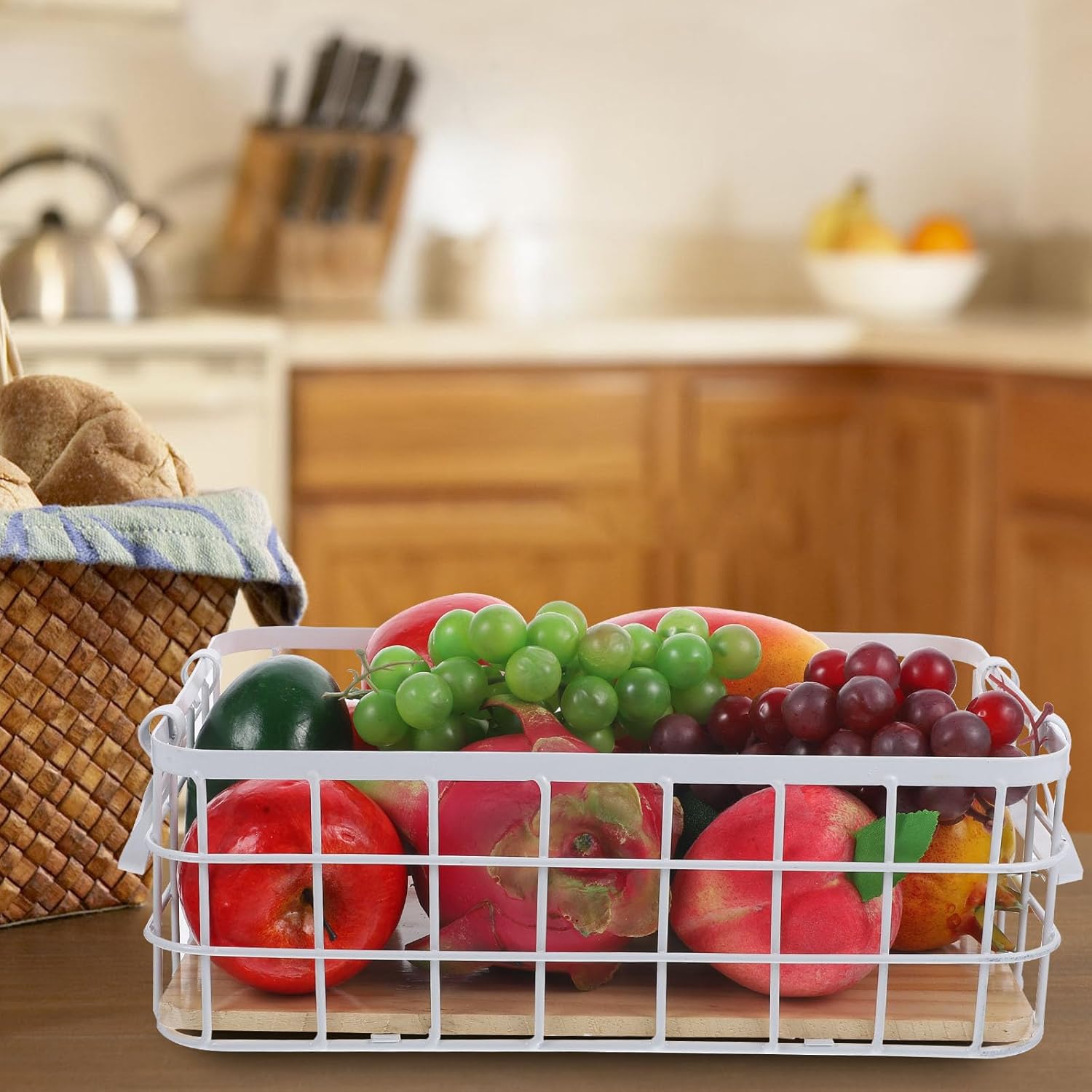 VILLCASE Kitchen Serving Basket, Farmhouse Wire Metal Storage Organizer Onion Fruit Basket Bin with Handles for Pantry Cabinets Rustic Kitchen Counter Closet