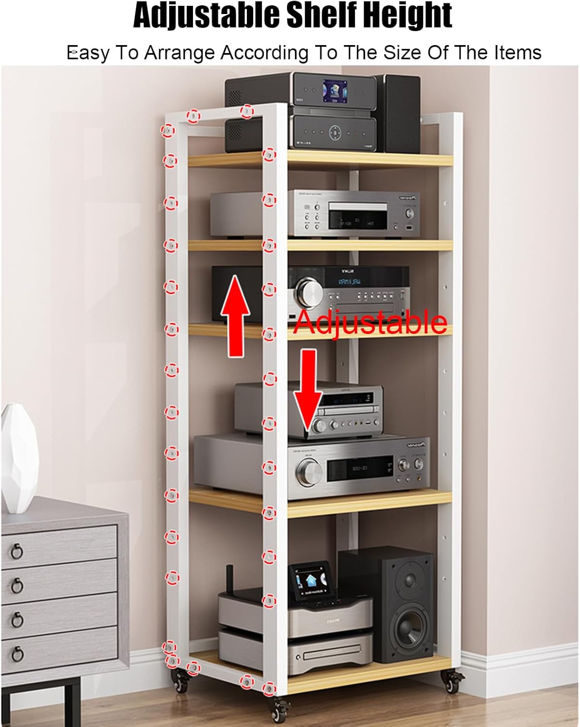 4-Tier AV Media Stand with Wheels Adjustable Height Wooden Shelves Stereo Component Cabinet Storage Rack Audio Rack Tower for DVD Players Game Console TV Box(7-Tier, Black+Teak)