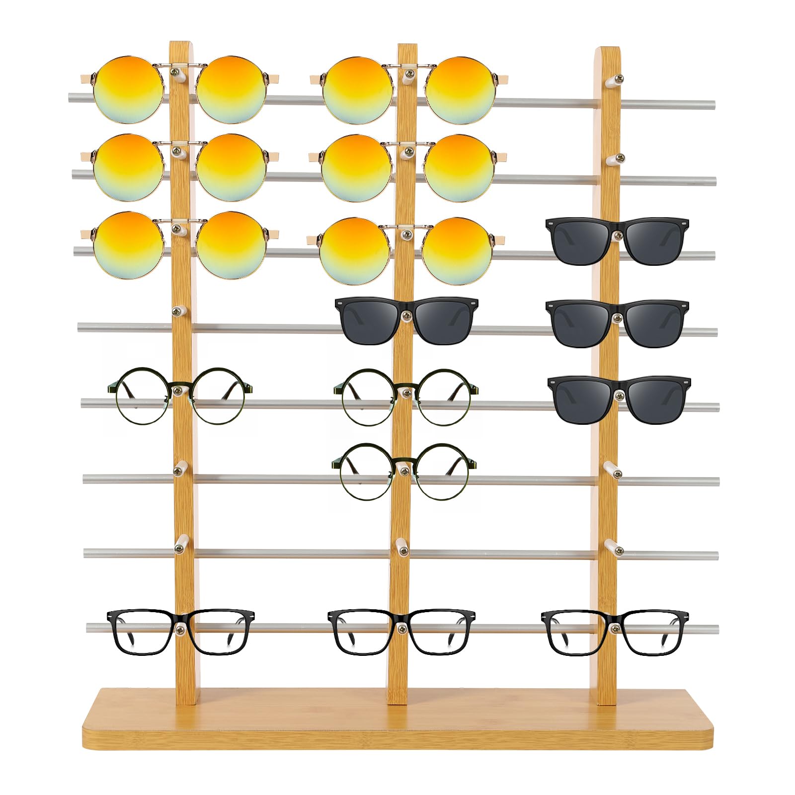 Upgrade Glasses Display Stand, 8 Tier Large Sunglasses Holder Organizer Rack with Wood Base, Eyeglasses Storage Display Stand for 24 Pairs of Glasses, Glasses Holder Rack for Glasses Store, Home