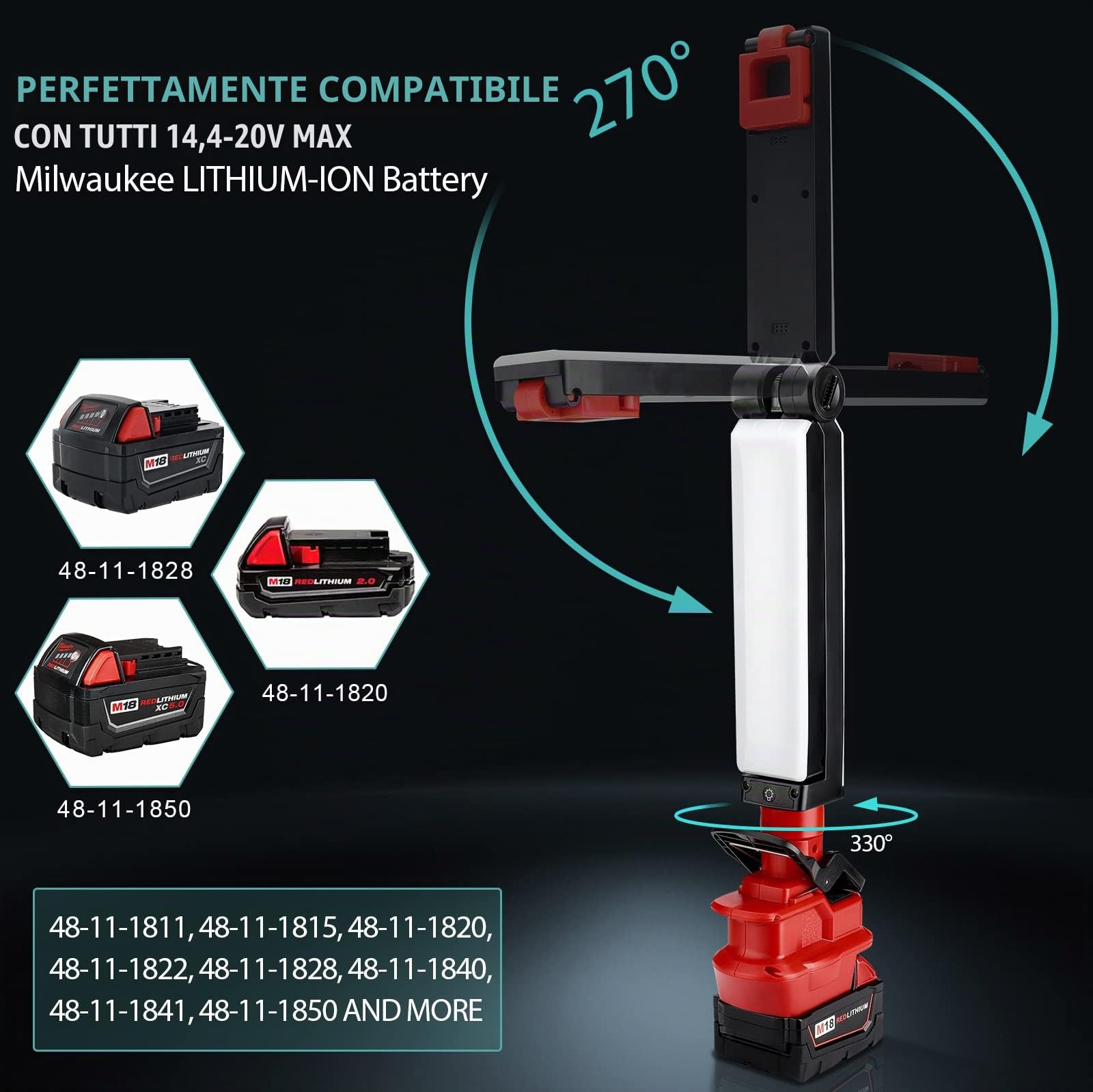 Luce da Lavoro a LED 2400LM con Clip Compatibile con Batteria al Litio Milwaukee m18, Luce di inondazione m18 da 30 W per Riparazione Auto, Campeggio, Illuminazione di Emergenza e Cantiere