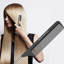 Bardeau Essentials Professional 8.8 Inch Tail Comb (5 Pack) - Black Carbon Fiber and Stainless Steel Pintail - Anti Static and Heat Resistant Teasing Comb - Lightweight for All Hair Types