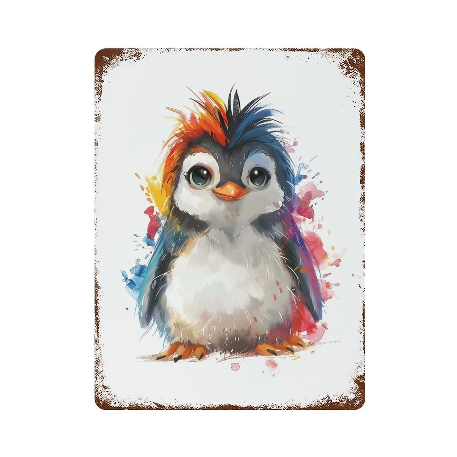 Cute Penguin Watercolor Rustic Tin Plaque 15.7"x11.8", for Living Room, Hallway And Home Decor, Decorative Metal Wall Art