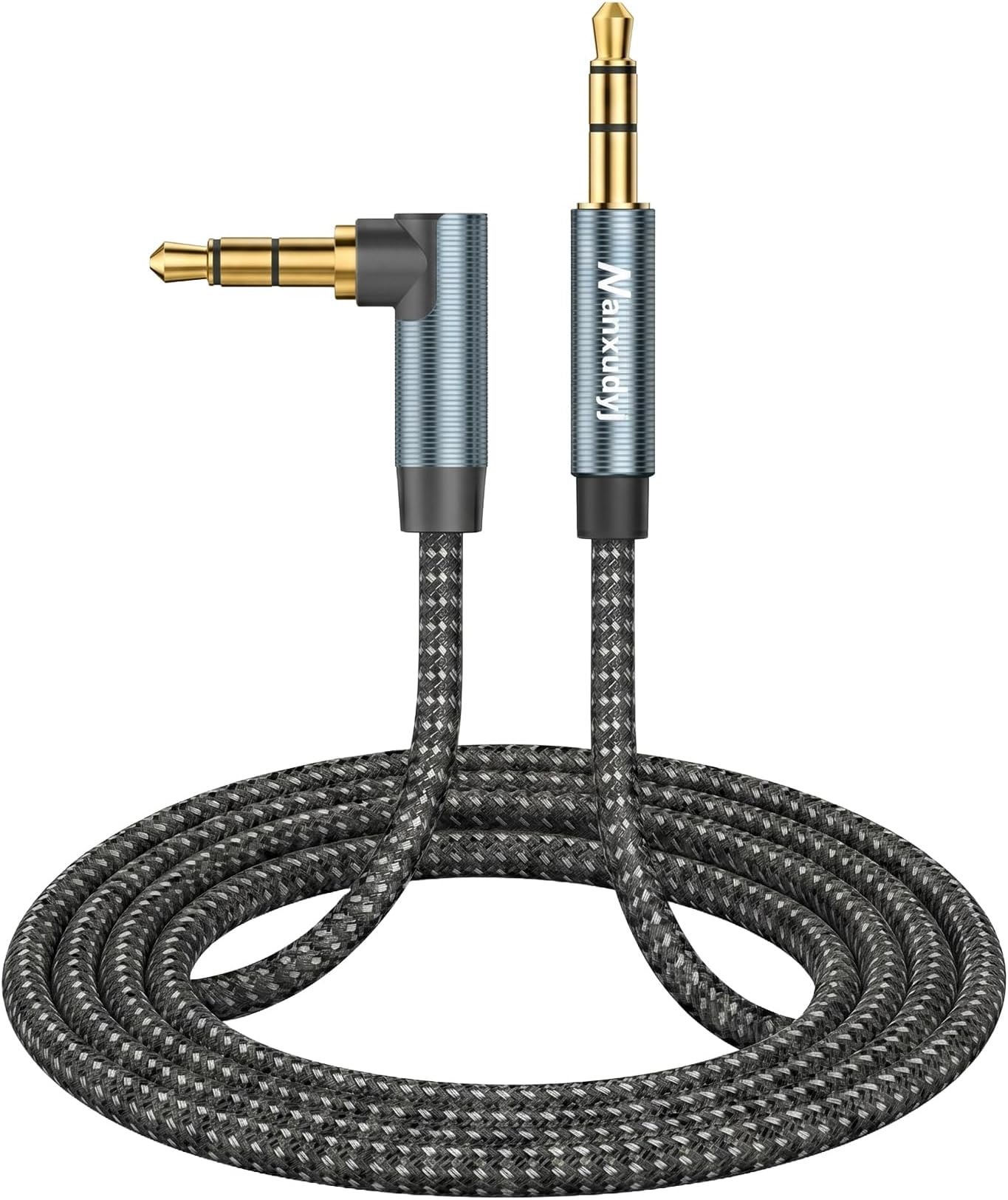 1ft Short Aux Cord, 90 Degree Right Angle 3.5mm Audio Cable, TRS Male to Male Nylon Braided Auxiliary Cable for Car Stereo, Headphones, PS4, PC, Speakers - 24K Gold Plated & Tangle-Free