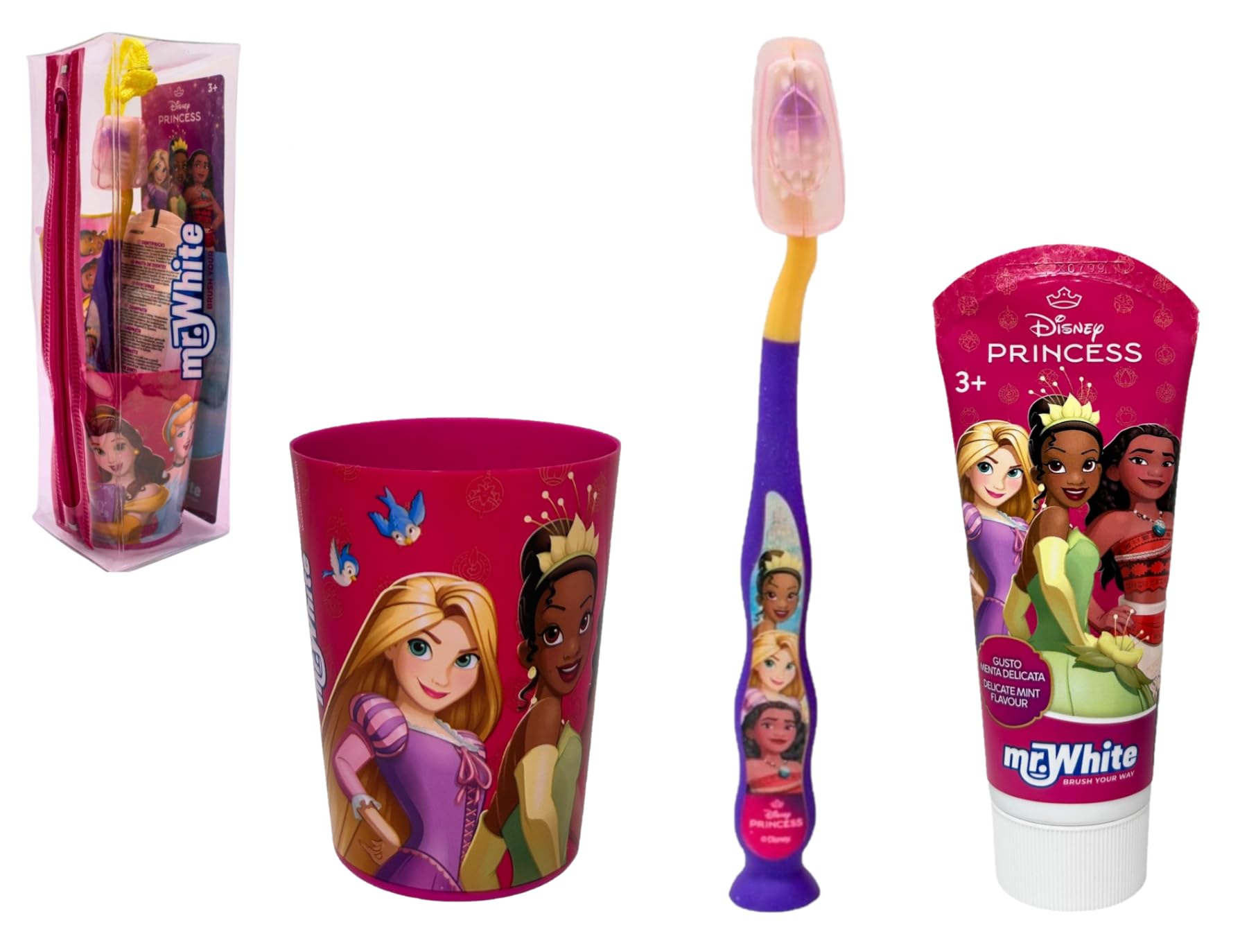Set accessori per la cura dell'igiene orale per bambini Principesse Disney 4 pezzi spazzolino manuale dentifricio bicchiere pochette