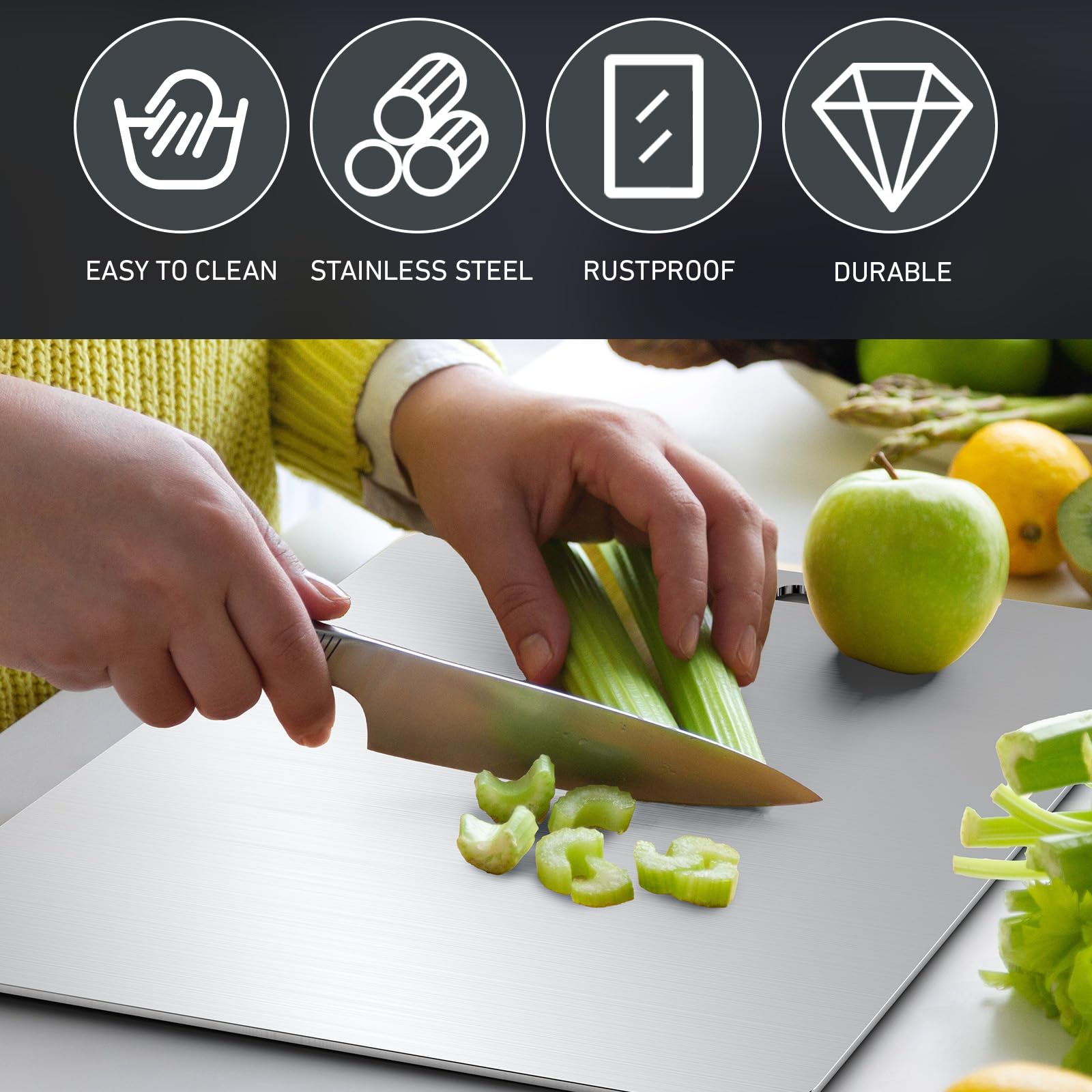 2 tablas de cortar, 14 x 9.8 pulgadas y 11.4 x 7.9 pulgadas, tabla de cortar grande de acero inoxidable para encimera de cocina, ideal para carne, verduras, pan, tabla de cortar