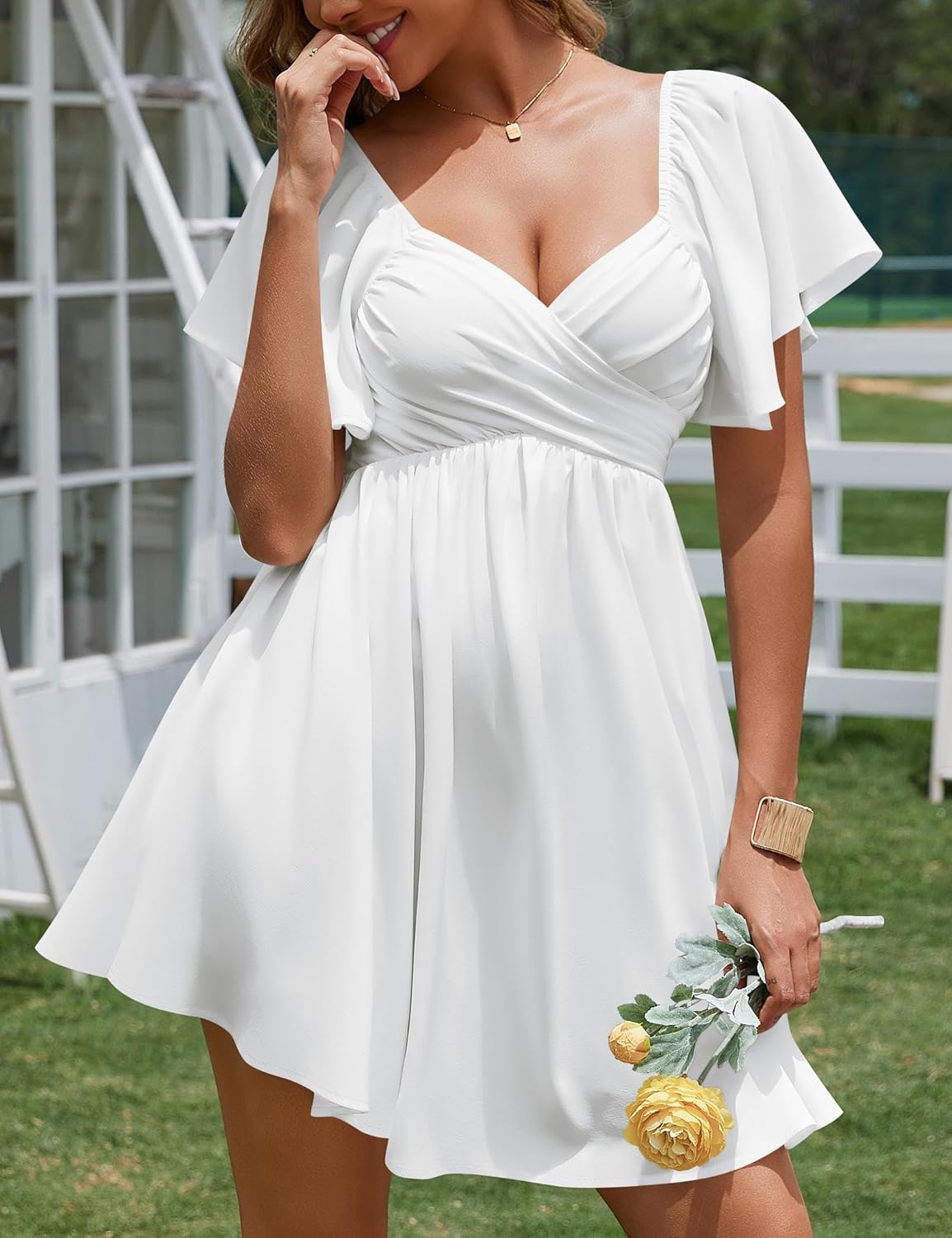 Florboom Women's Wrap Sweetheart Neckline Chiffon Dress Short Sleeve Tie Back Aline Mini Dresses - Image 4