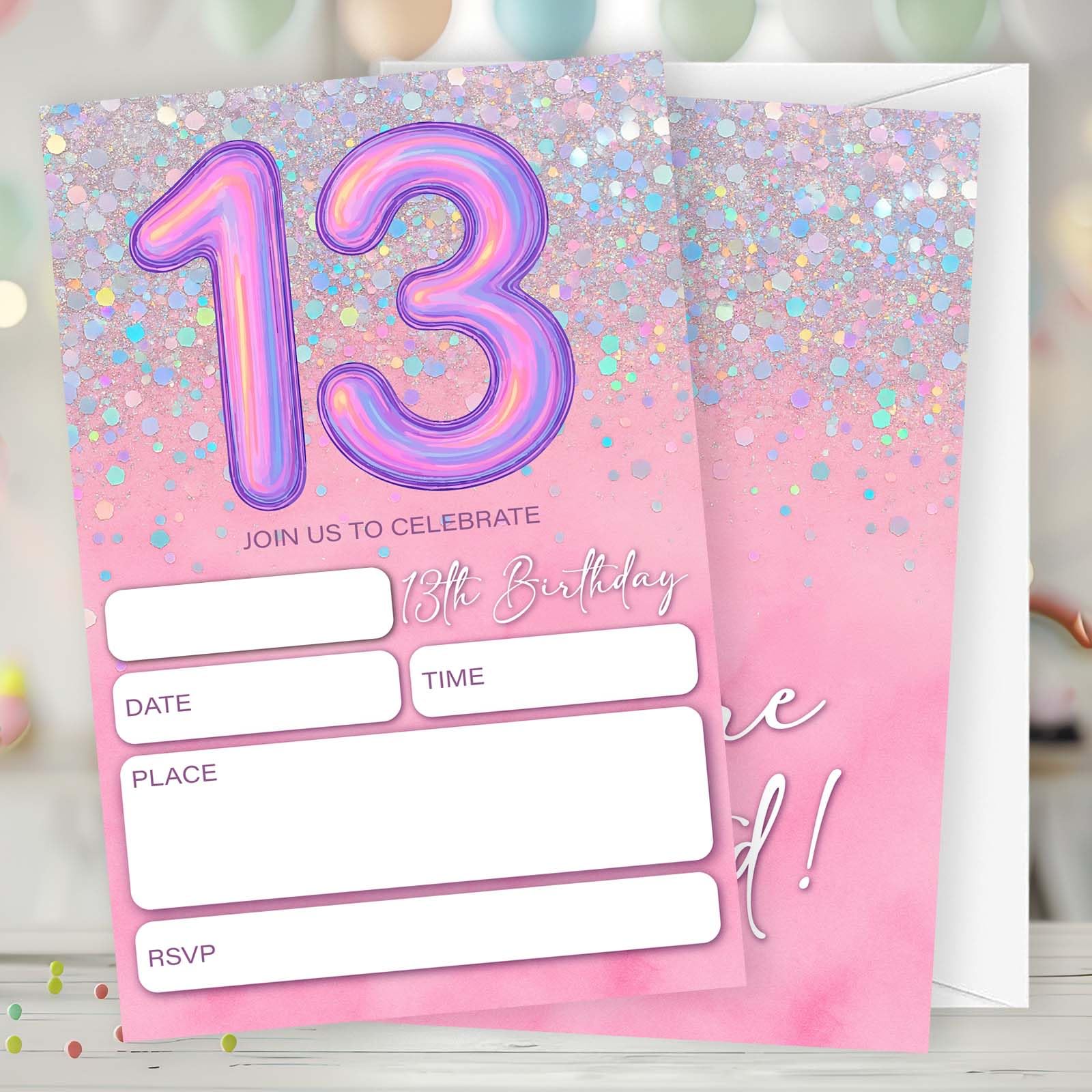 Gsauto Birthday Invitations Girl, 20 Pink and Glitter Invitation Cards with Envelopes, Rainbow Foil 13th Invites for Party Decorations Favor Supplies