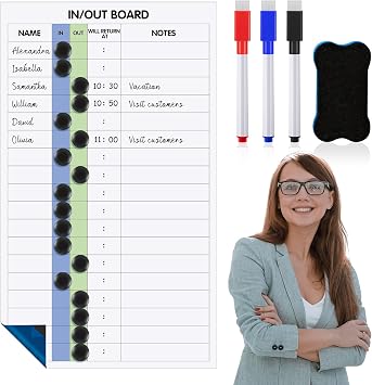 Lincia in and Out Dry Erase Board 15 x 26 in/Out Board for Office Employee 18 Name Adhesive Frameless in/Out Planner with 3 Dry Erase Markers Eraser 20 Magnets for Office Staff Schedule Tracker