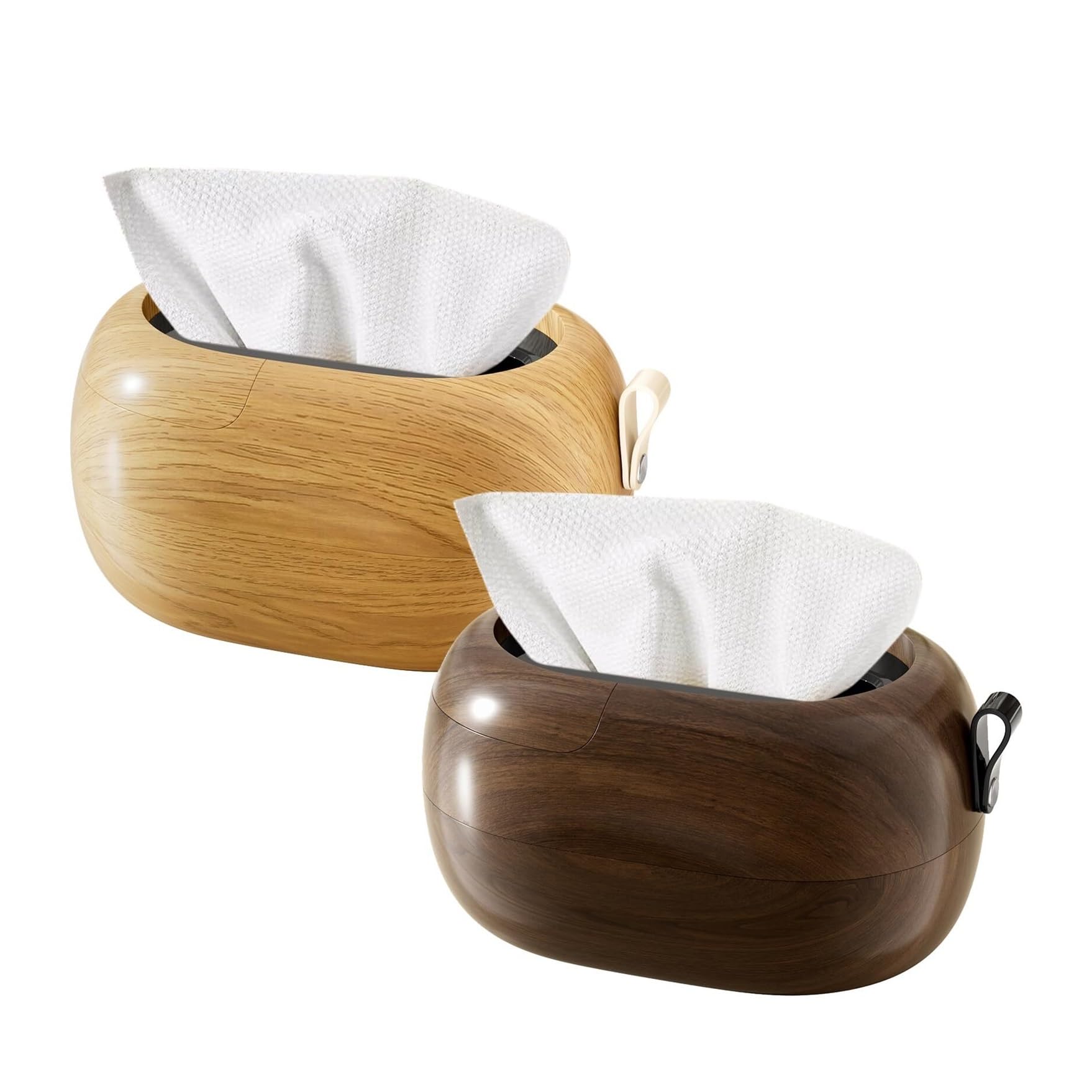Ozdobne pudełko na chusteczki Vintage uchwyt na chusteczki z pokrywką ścienną, imitacja drewna, owalny uchwyt wbudowana sprężyna estetyczny wystrój domu (1 x Walnut+1 Beech)