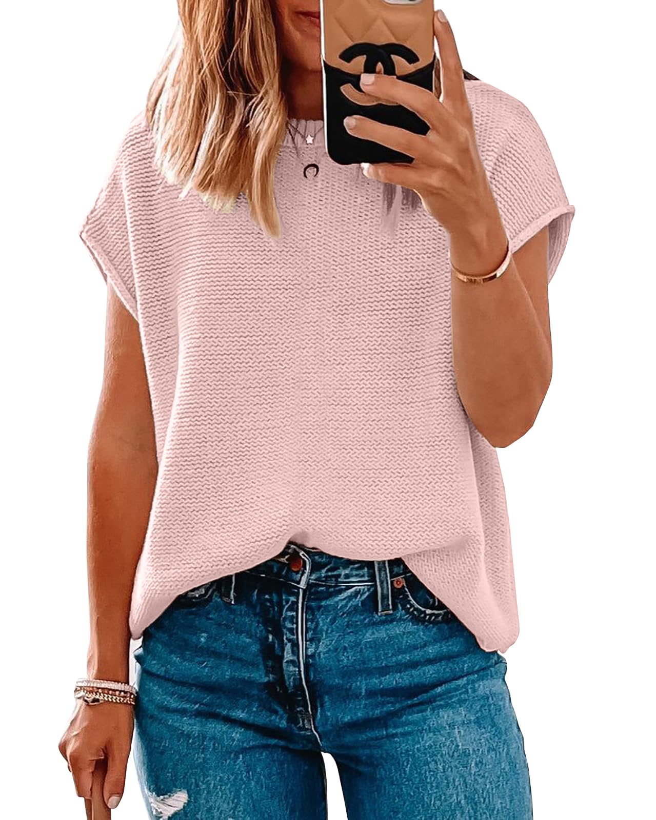Women Short Sleeve Sweater Tops Spring 2025 Sleeveless Sweater Vest Casual Knit Cap Sleeve Sweater Tanks