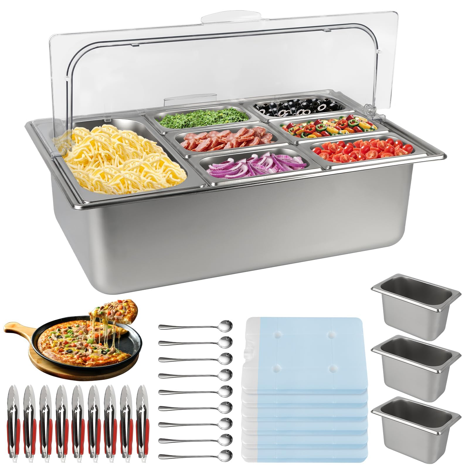 TOROKOM 10 padelle in acciaio inox, contenitore per condimenti, organizer in acciaio inox, per insalata, buffet Station con cucchiai, contenitori refrigeranti a buffet, set per salse, ingredienti