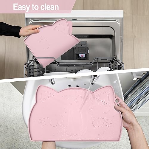 Miniatura 6 de Coomazy Tapete para comida y agua para gatos, alfombrilla de silicona antideslizante más gruesa con borde elevado (rosa, mediano)