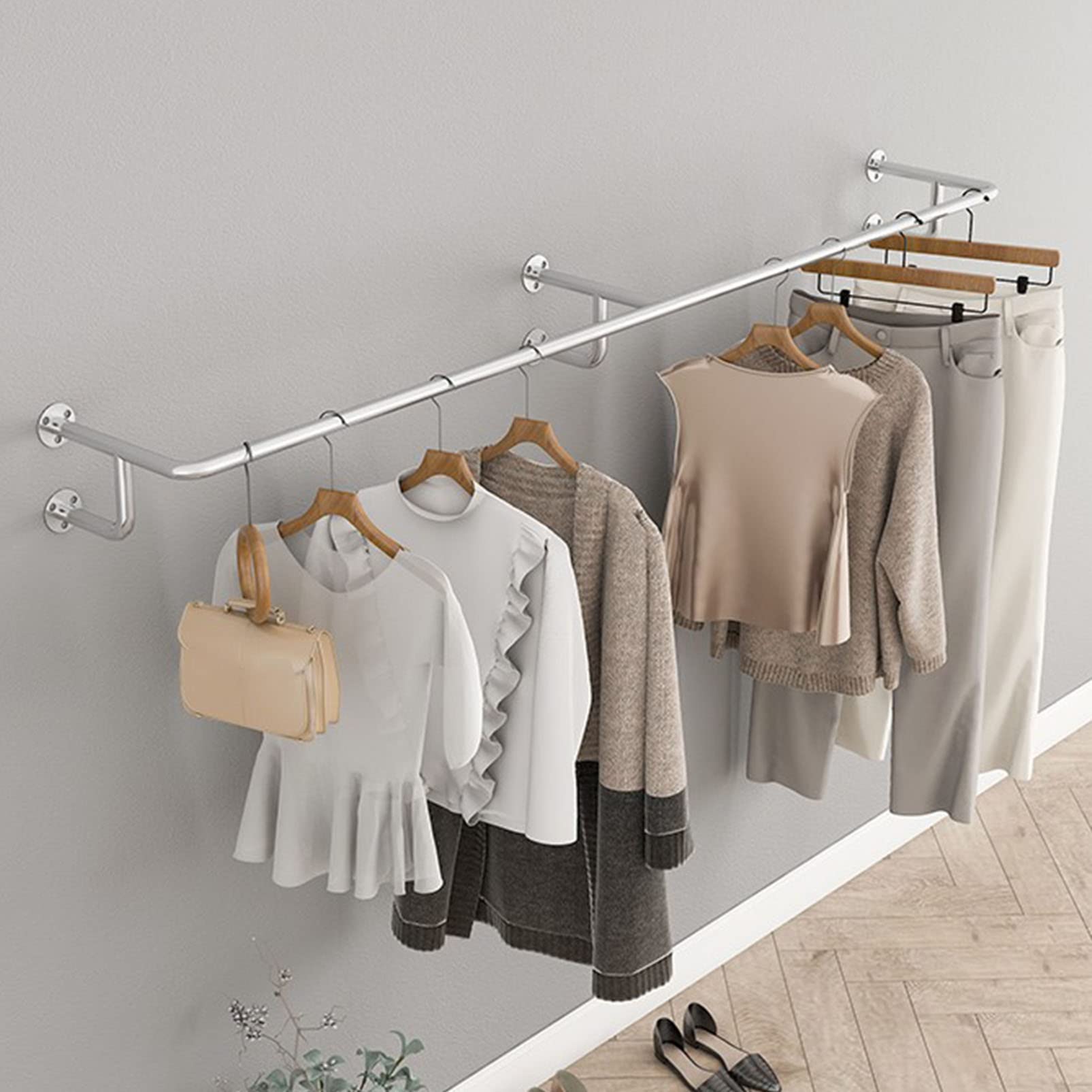 Creative Garment Display Racks Hanging Rod, Boutique Clothing Store Hanging Clothes Shelf, Retail Clothing Rack Multi Purpose Gold Pipe, Commercial Clothes Storage Hanger,Silvery-length 150CM
