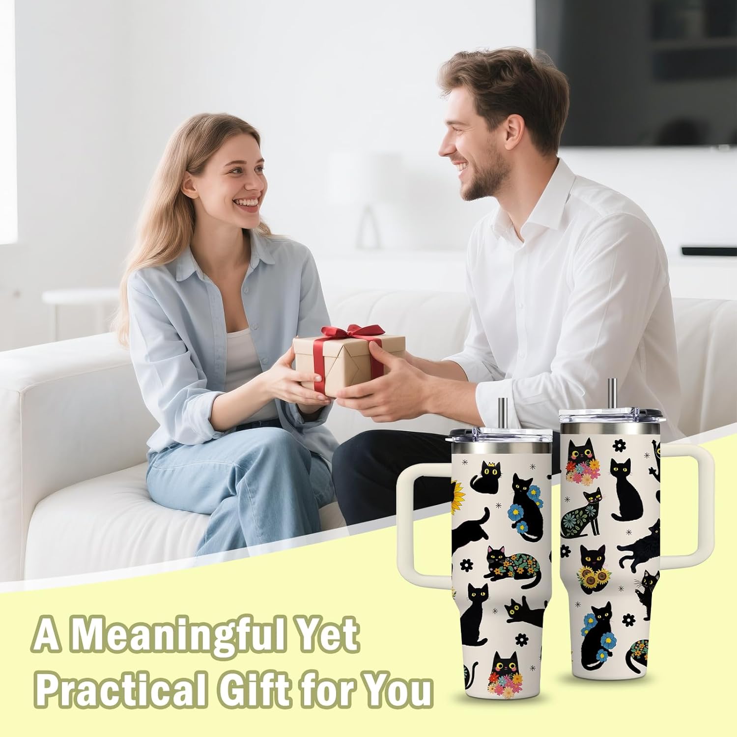 Cat Gifts for Women - Funny 30oz Cat Tumbler with Handle and Straws Stainless Steel Insulated Travel Coffee Mugs, Leak-Proof Black Cat Themed Cups for Cats Lovers Birthday Christmas Gifts Water Cup - Image 9