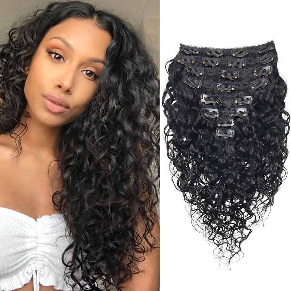 Deep Curly Clip In Human Hair Extensions 8 Pcs 20 Clips Brazilian Remy Hair 120g Wavy Curly Clip Ins Natural Black 20 Inches