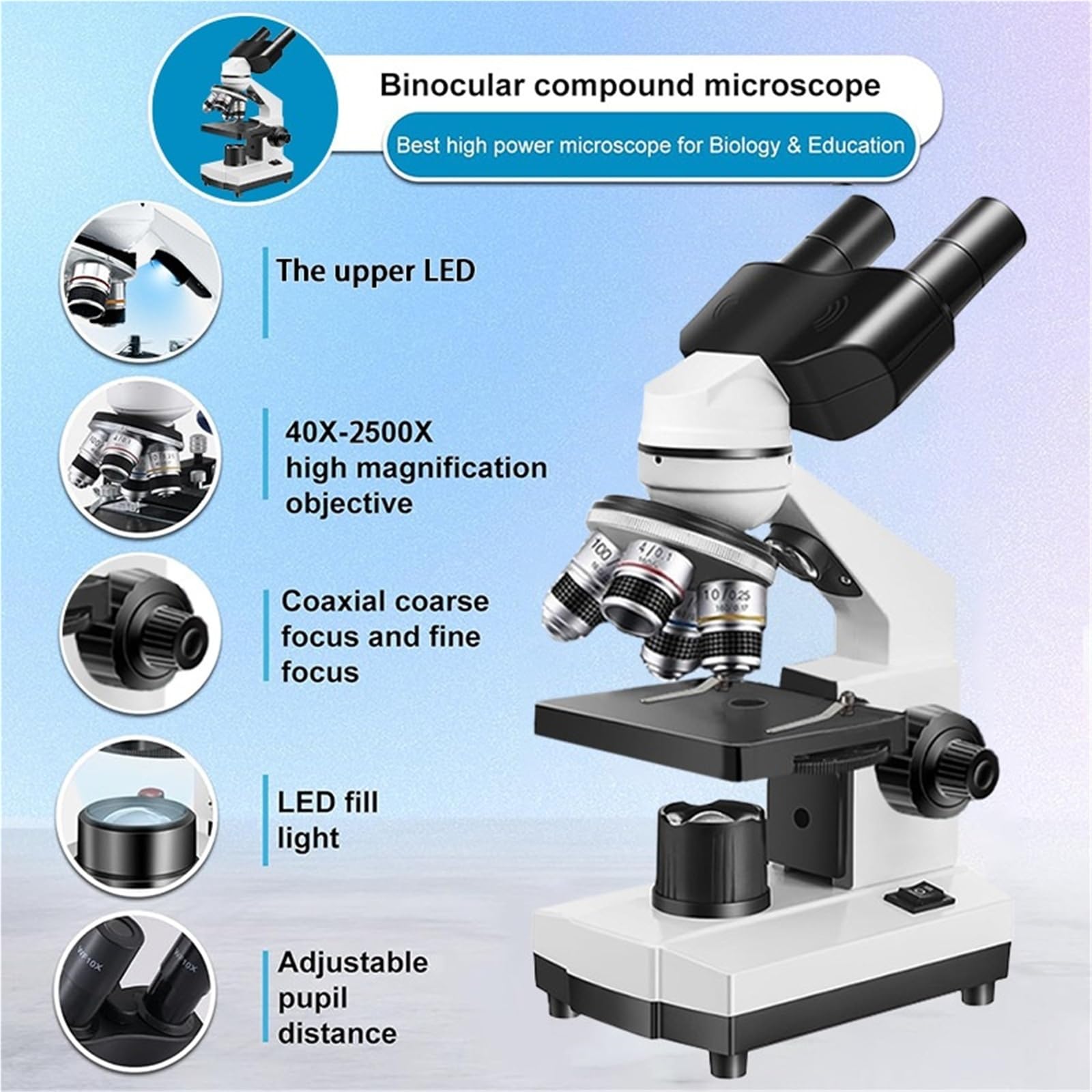 Microscopio, Cannocchiale binoculare 40X-1600X HD for ispezione da laboratorio, set di strumenti ottici for scuole, casa e ricerca scientifica,Prodotti scientifici e da laboratorio