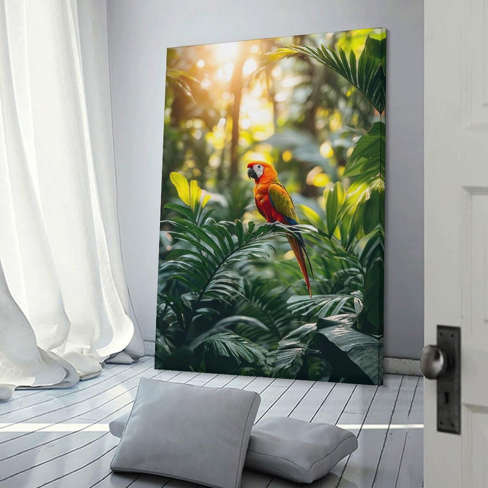 Junmoney Scarlet Macaw in Lush Jungle Setting Room Decor Wall Art, 20x30inch(50x75cm), for Bedroom Walls, Guest Spaces Or Lounges, Stylish Decor for A Restful Room Update