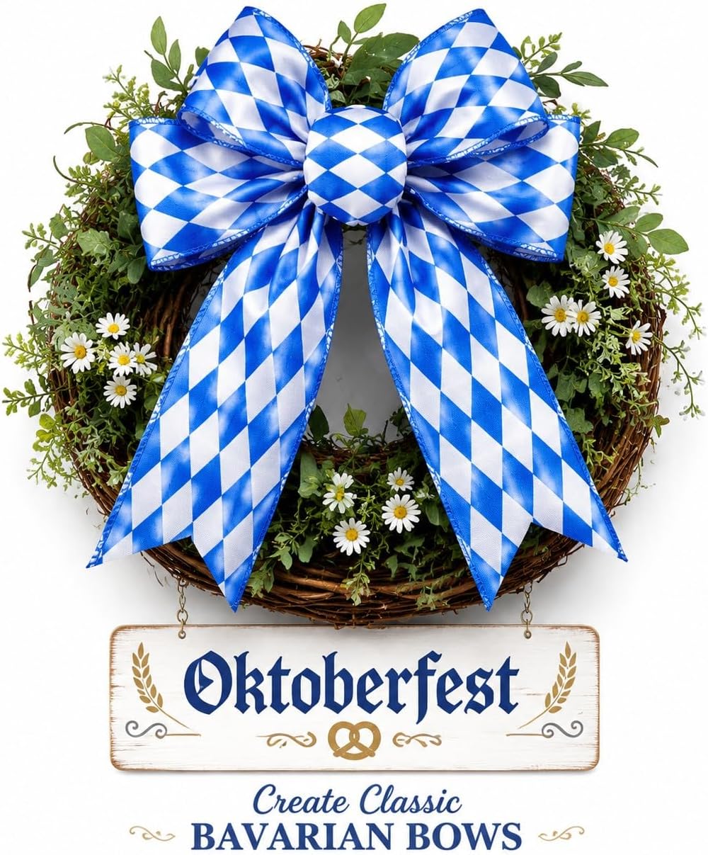 Oktoberfest Decorations Blue and White Ribbon, Wired Edge Ribbon 2 Rolls