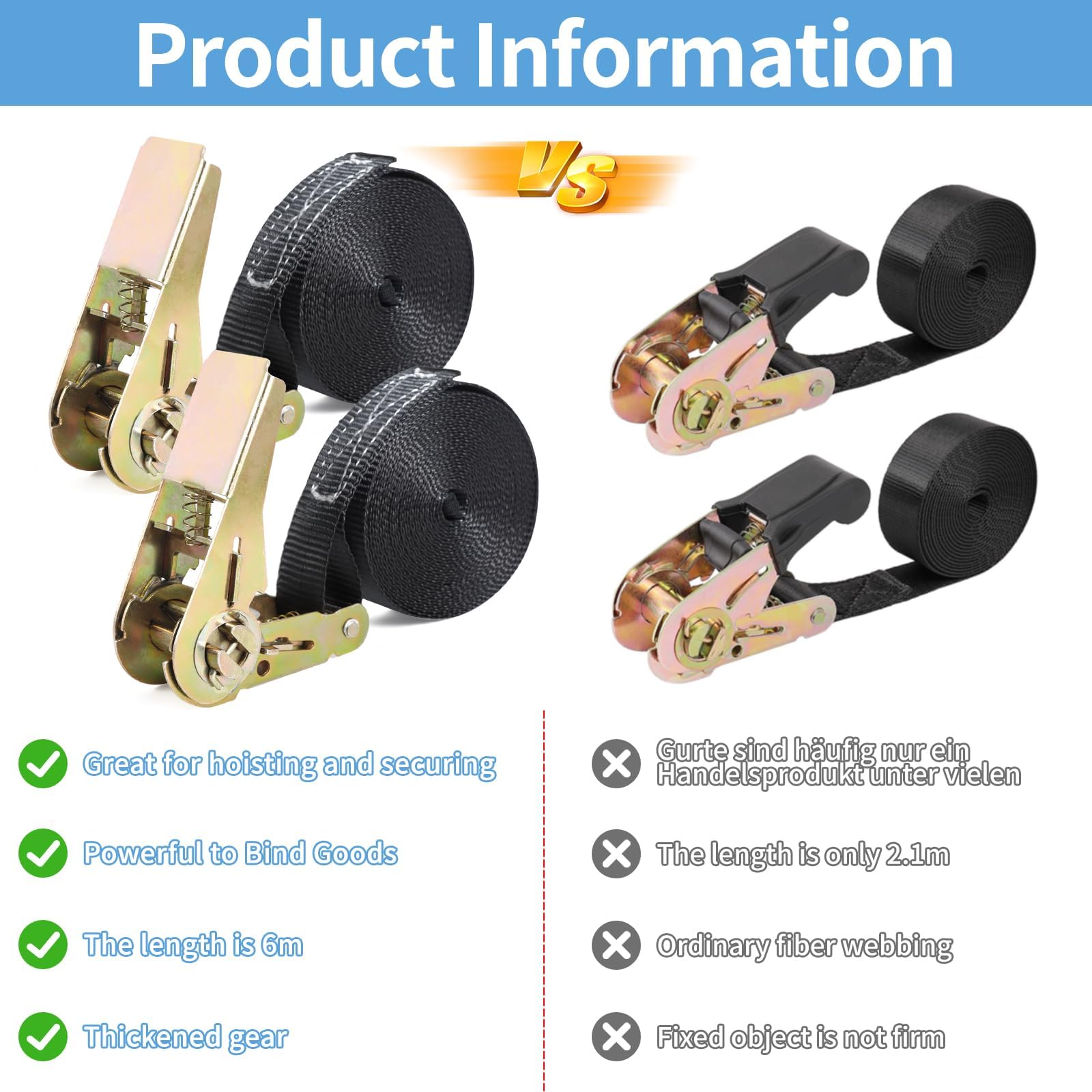 CIRULLI Set di 6 cinghie di fissaggio da 2/4/5 m, 25 mm, capacità di carico 1000 kg, cricchetto per moto, bicicletta, bagagli e campeggio, in poliestere, nero - 5