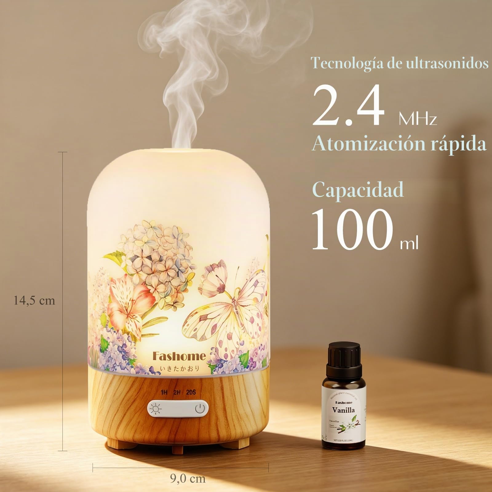 Fashome Difusor de aroma de 100 ml, difusor de aceites esenciales de cristal hecho a mano, apagado automático, silencioso con luz cálida, para el hogar, oficina, dormitorio (vainilla primaveral)