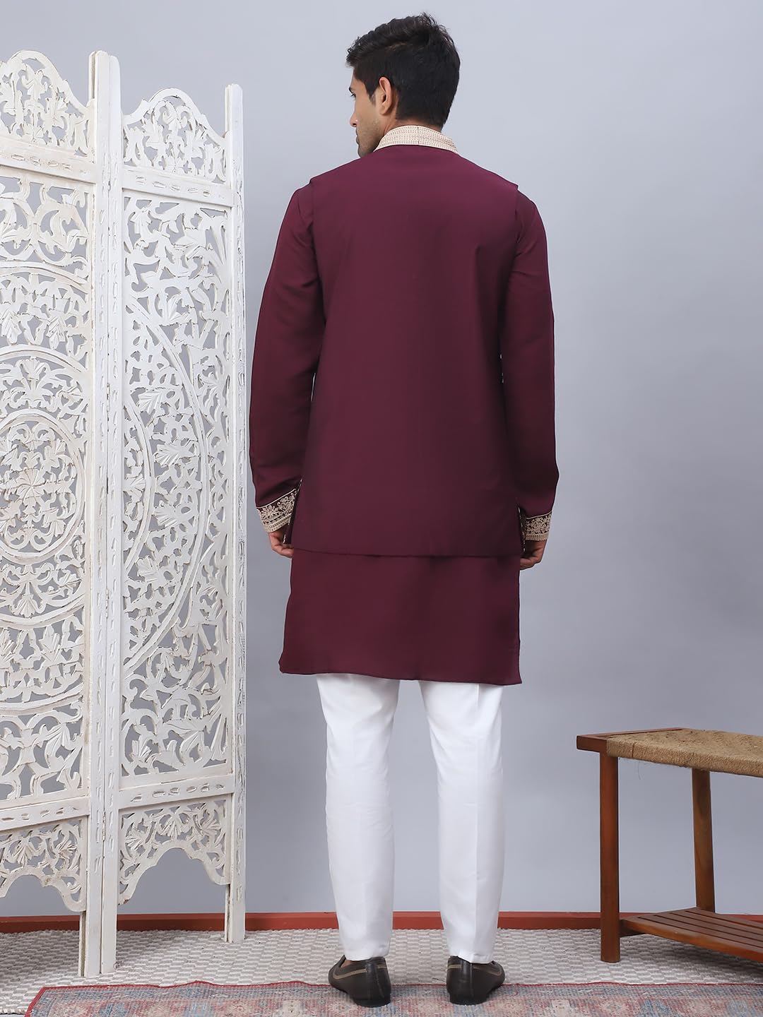 Jompers Maroon Mens Embroidered Waistcoat And Kurta Pyjama. (Maroon, M)