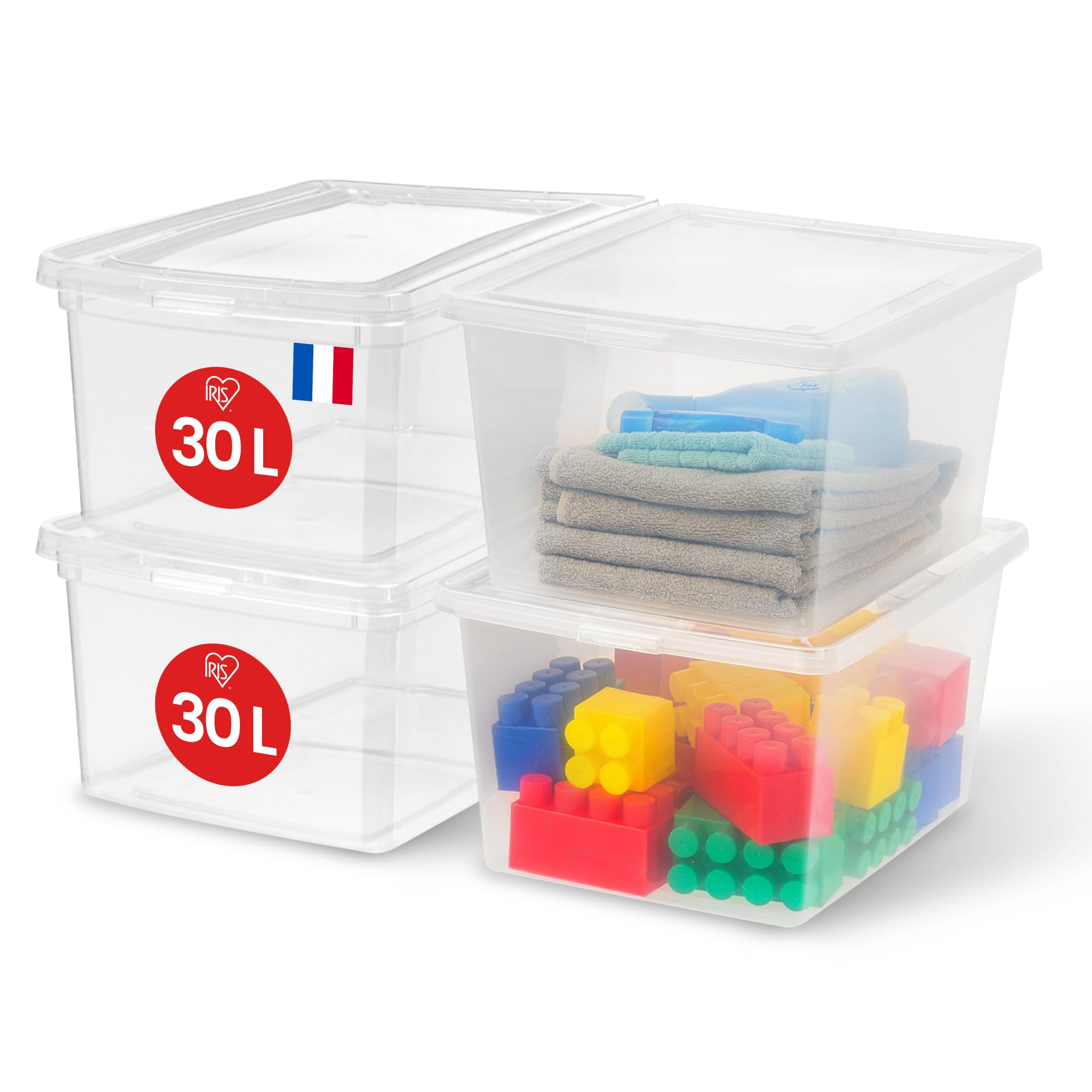 Iris Ohyama, Caja de Almacenamiento de Plástico Multiusos, 30L, Juego de 4, Transparente, Cierre Fácil, Apilable, para Dormitorio, Cocina, Oficina, Baño, Ropa, Juguetes, Sin BPA, CNL-30E