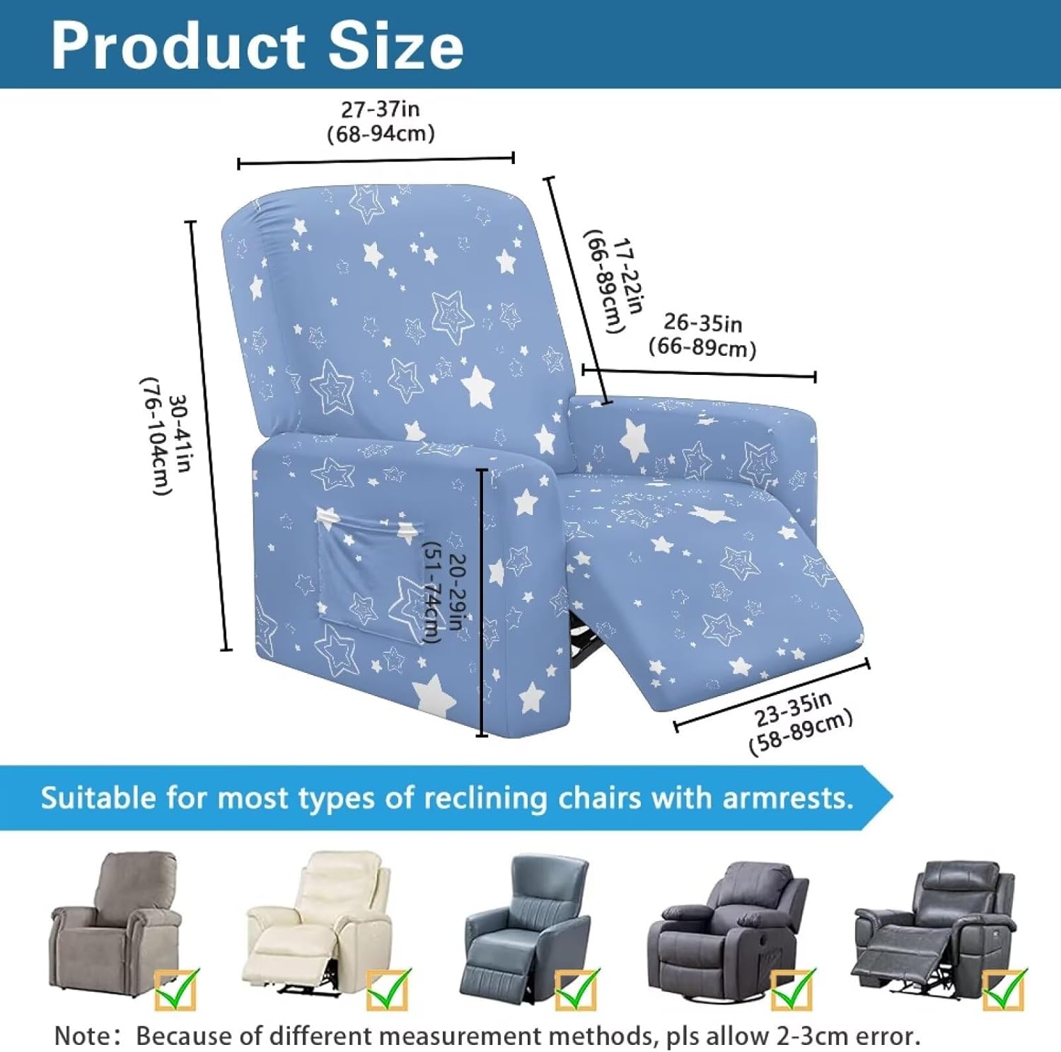 FOR U DESIGNS Dark Blue Starry Stretch Recliner Covers for Small Recliners 4-Piece with Elastic Edges and Pockets Non Slip Furniture Protector Reclining Slipcover Washable