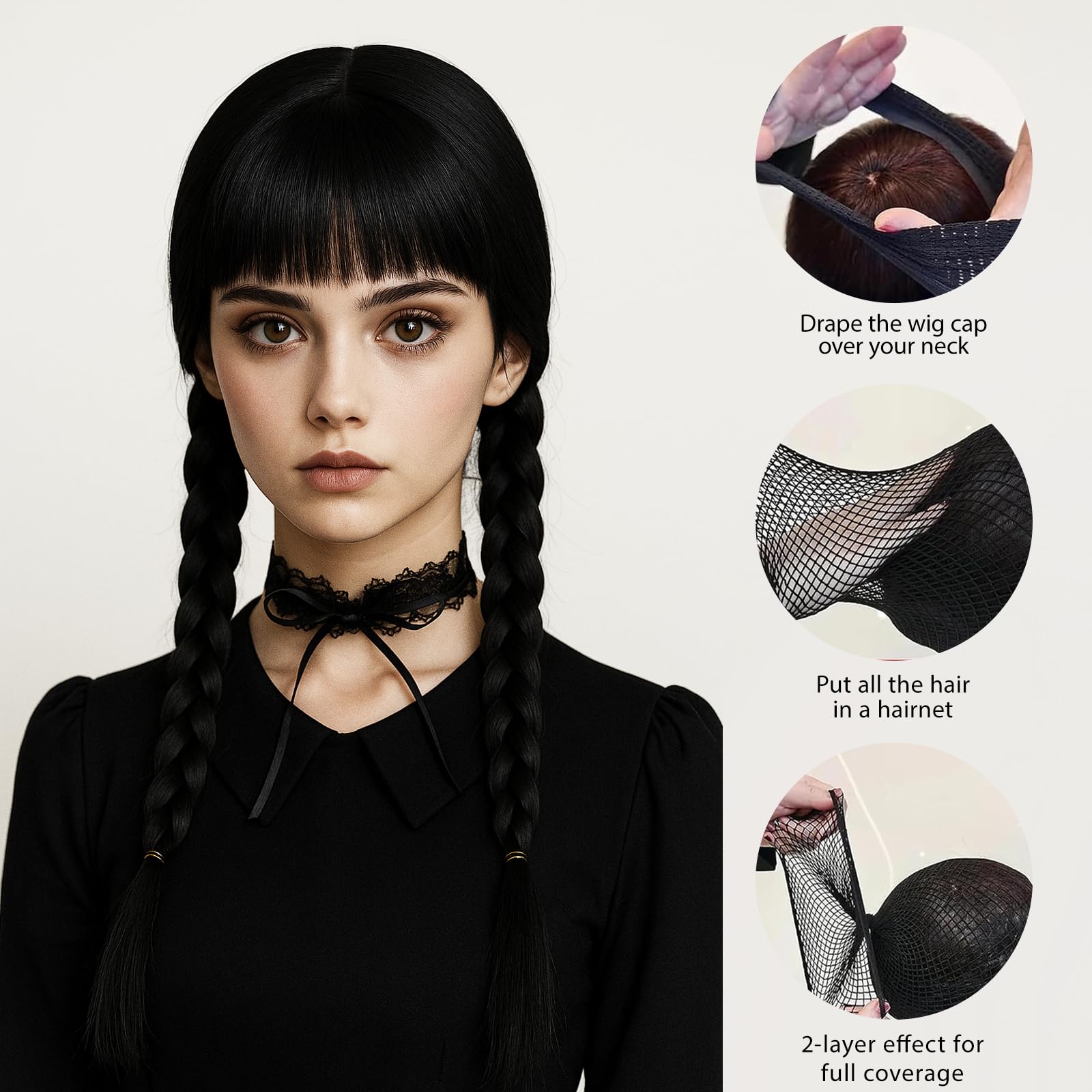 SSKHE 3Pcs Black Braided Wig for Women and Children Cosplay Accessory for Wednesday Addams Halloween Costume Hairpiece - Image 4