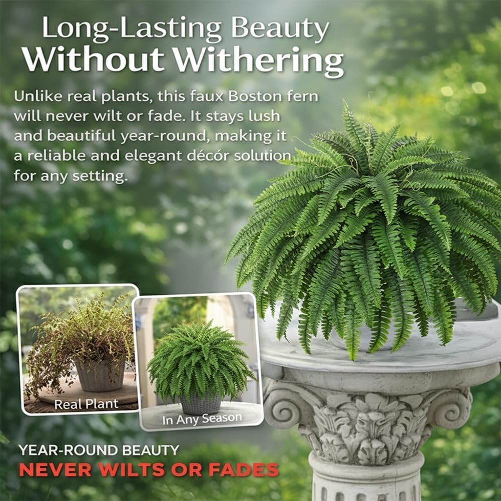 UV Resistant Artificial Boston Ferns, Lifelike Faux Greenery with 38/60/88 Silk Leaves, No Fade Fake Stems for Outdoor Front Porch, Urn Fillers, Indoor Decor (2, 38 Leaves)