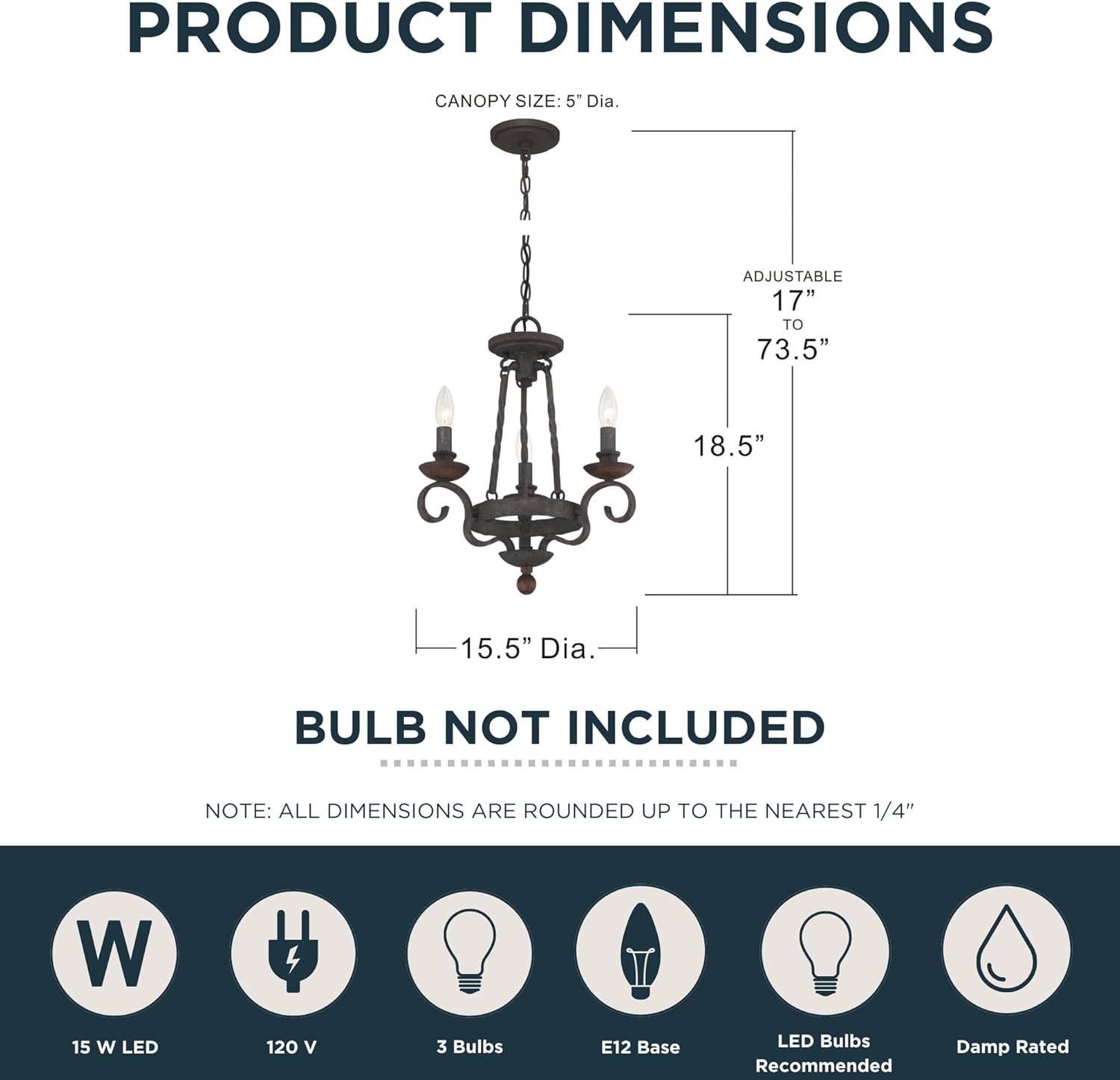 Quoizel Noble 3-Light Candelabra Chandelier, Rustic Black, Solid Wood Accents, European Style, Adjustable Height Up to 74"