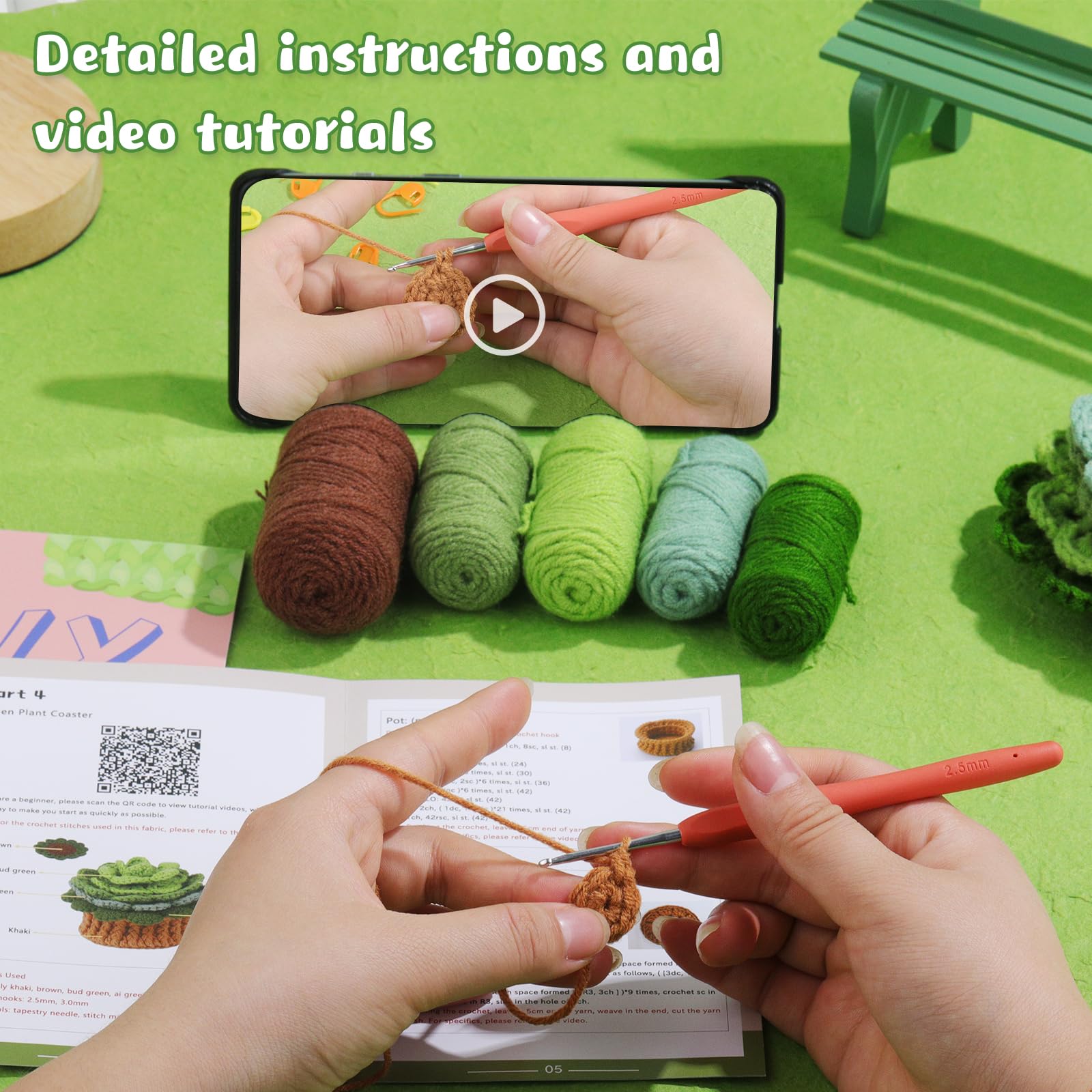 Beginner Crochet Kit - Green Plant Coasters -3