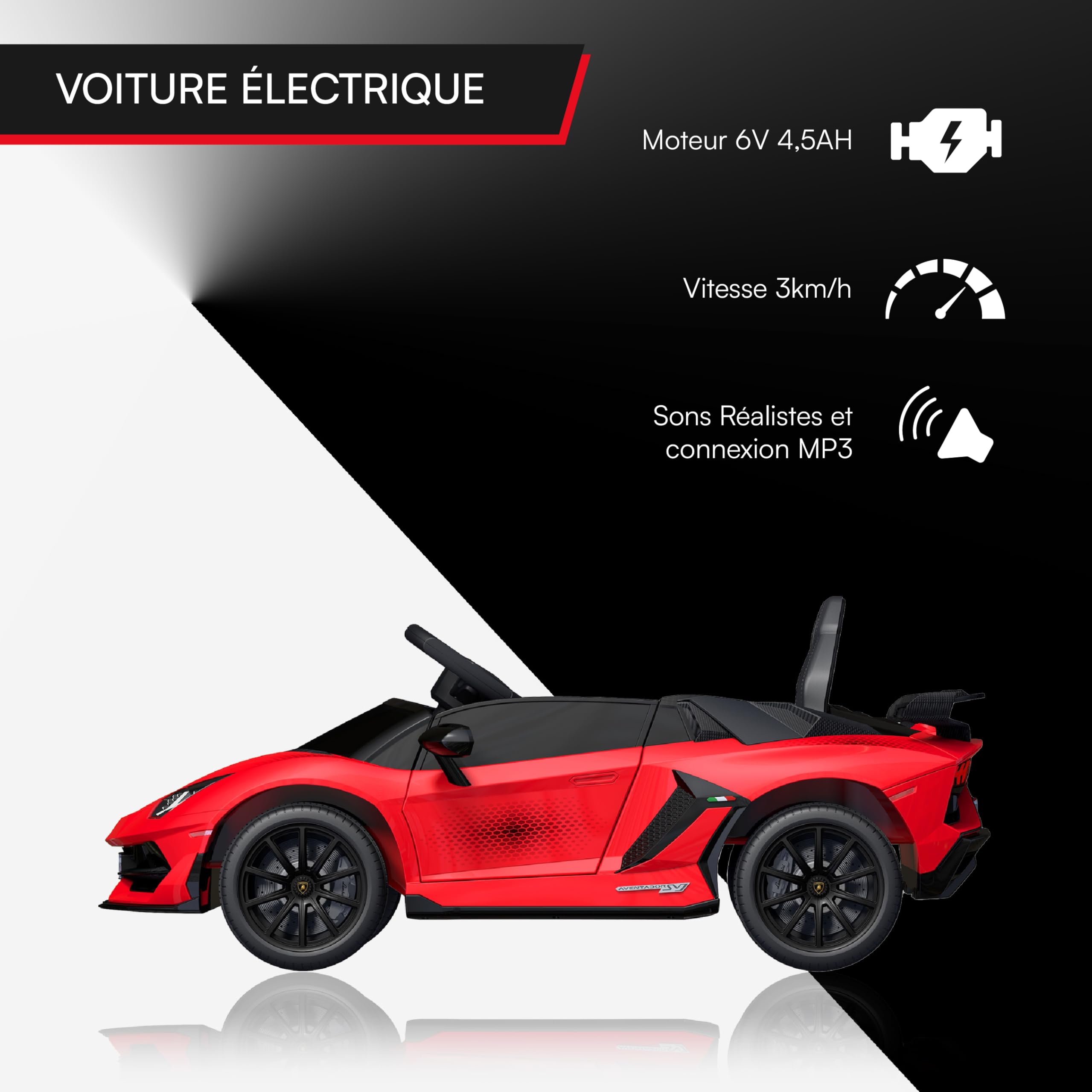 Baroni Toys Voiture Électrique pour Enfants Lamborghini 6V avec Télécommande Parentale, Sons, MP3, Marche Arrière, Voiture pour Enfants 1-4 Ans, 100x60x50 cm Rouge