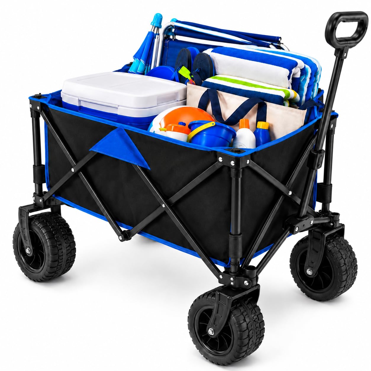 Carro Playa Plegable - PINCHO - Carrito De Playa Plegable, Carro Transporte Plegable con Asa Telescópica, Carretilla Plegable con Ruedas y Frenos - 4 Ruedas, Carga 55 kg, Plegado Compacto, Bolsillo