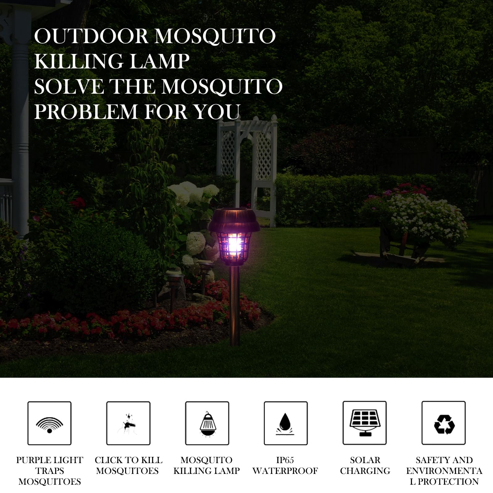 Qualirey Lampada antizanzare a energia solare, per esterni, impermeabile, a energia solare, per patio, cortile, giardino, insetti (viola/luce colorata, plastica)