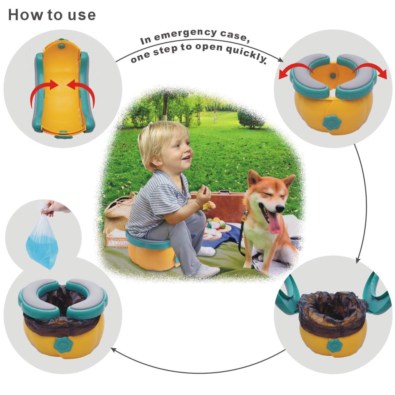 2-in-1 Go Potty for Travel, Portable Folding Compact Toilet Seat,Potty Training Toilet Chairs for Toddler Boys & Girls with Storage Bag and Potty Liners by BlueSnail (Blue+Yellow)