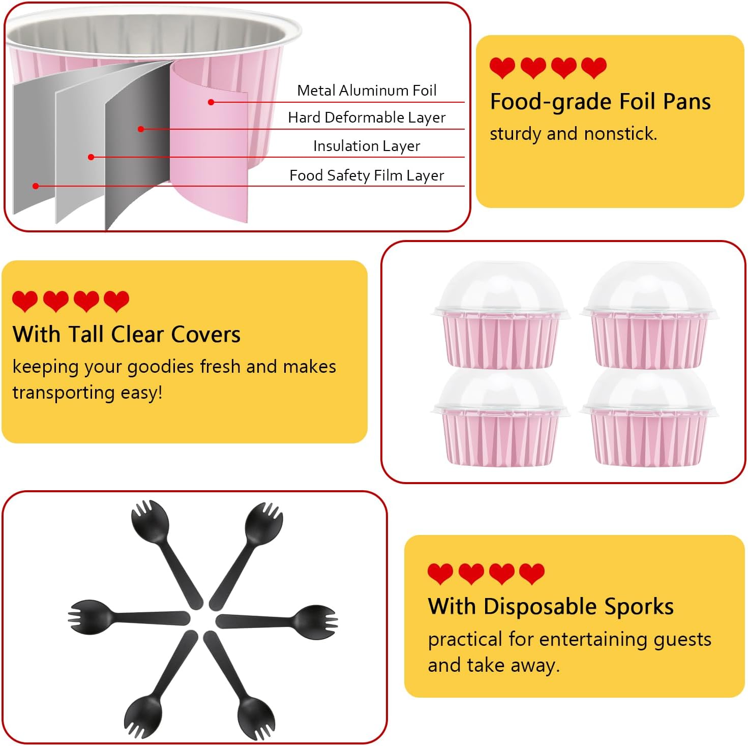 Jumbo Muffin Liners with Lids 50 Pack,Free-Air 5oz Aluminum Foil Cupcake Cups Muffin Tins,Disposable Ramekins Cupcake Baking Pans Cupcake Holders for Custard Mini Pie -Pink - Image 4