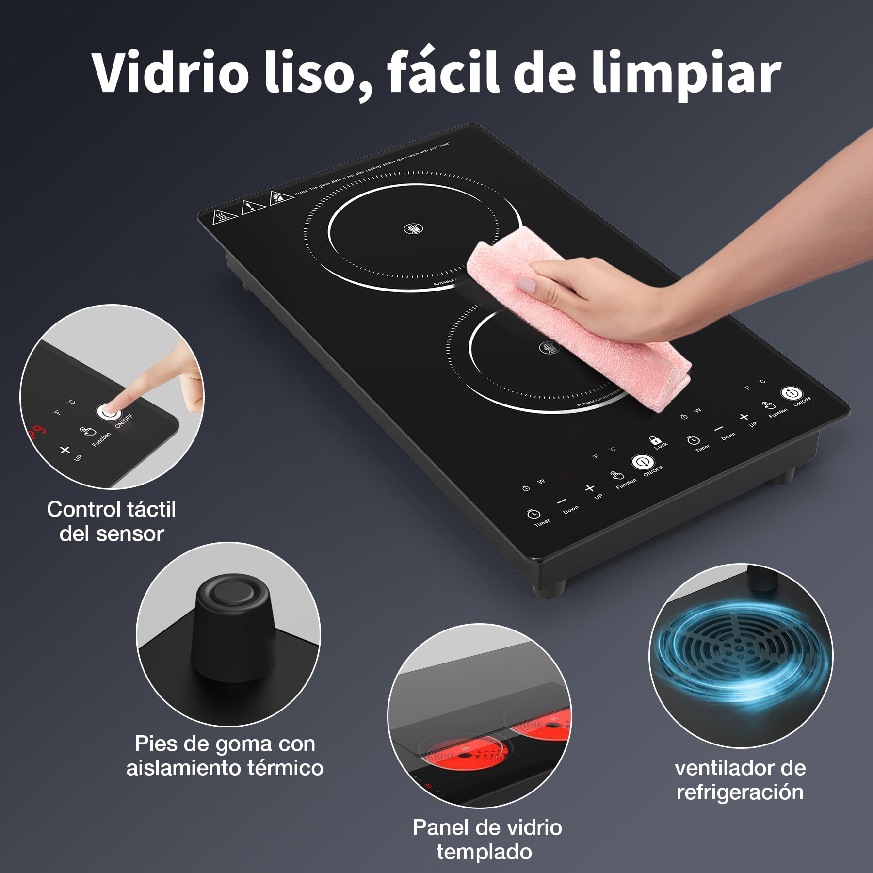 VBGK placa vitroceramica，220V 3000W placa de vitroceramica con control táctil LED, 9 niveles de potencia, bloqueo de seguridad infantil, temporizador de 2 horas.