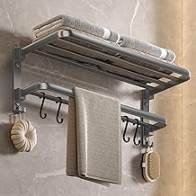 Towel Rail without Holes, Matt Grey, Self-Adhesive, Wall Mounted, with 2 Towel Bars, 2 Hooks, 90° Folding, for Bathroom and Kitchen, 59 cm, Aluminium