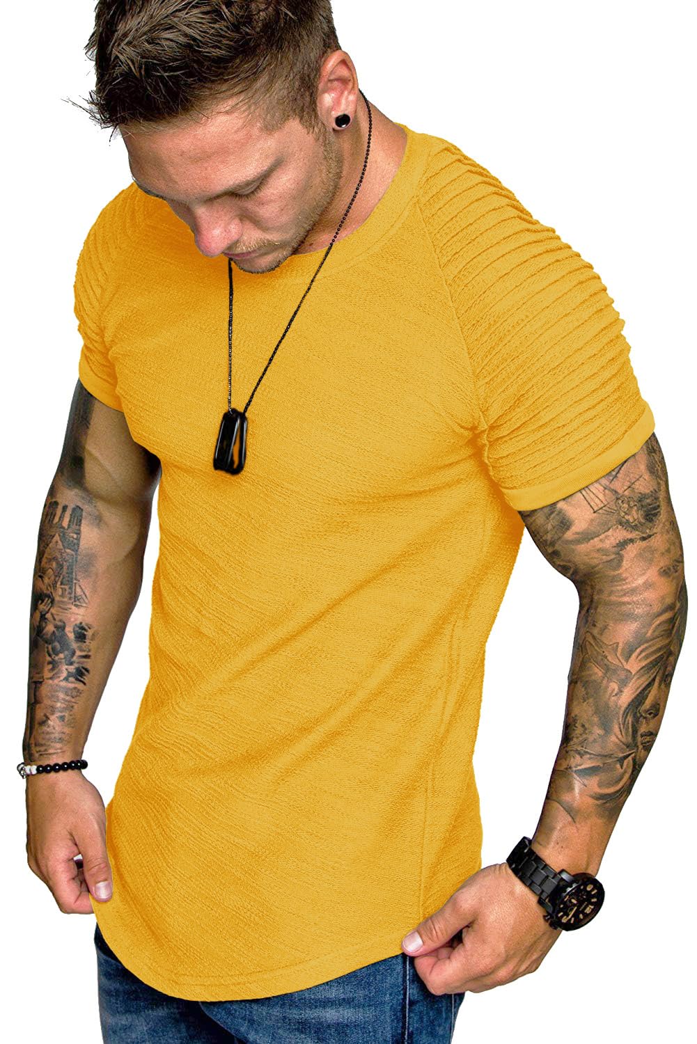 COOFANDY Men's Muscle T-Shirt Pleated Raglan Sleeve Bodybuilding Gym Tee Short Sleeve Fashion Workout Shirts Hipster Shirt