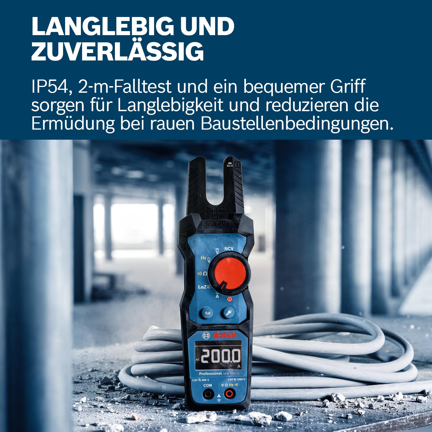 Bosch Professional Gabelstromzange GFM 1000-15 (True RMS, invertiertes LCD, misst bis 200 A AC, berührungsloser Spannungsprüfer, kompatibel mit Magnetaufhänger MH 1, 2 x 1,5 V LR06 (AA))
