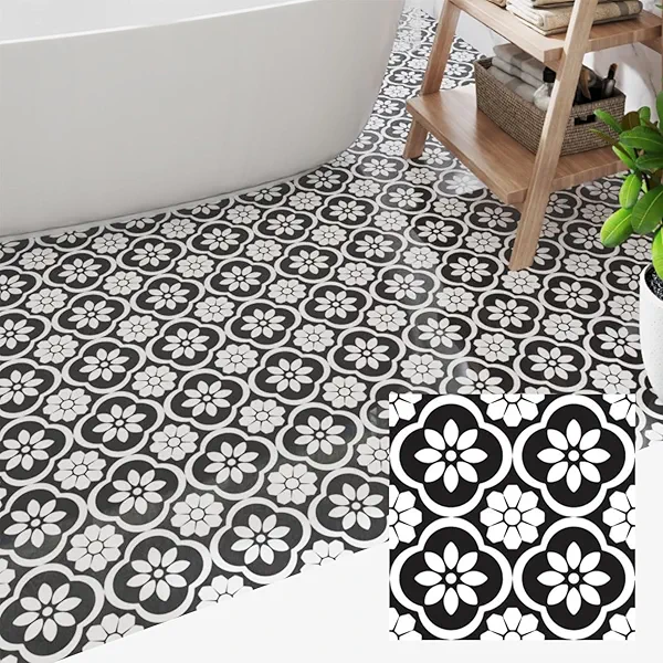 ZRJT Peel and Stick Floor Tile 30-Pcs Cover 30 Sq.Ft, Vinyl Flooring Tiles 12” x 12” Matte Self Adhesive Flooring Stickers Waterproof Removable for Renter, Bathroom Living Room, Black Flower